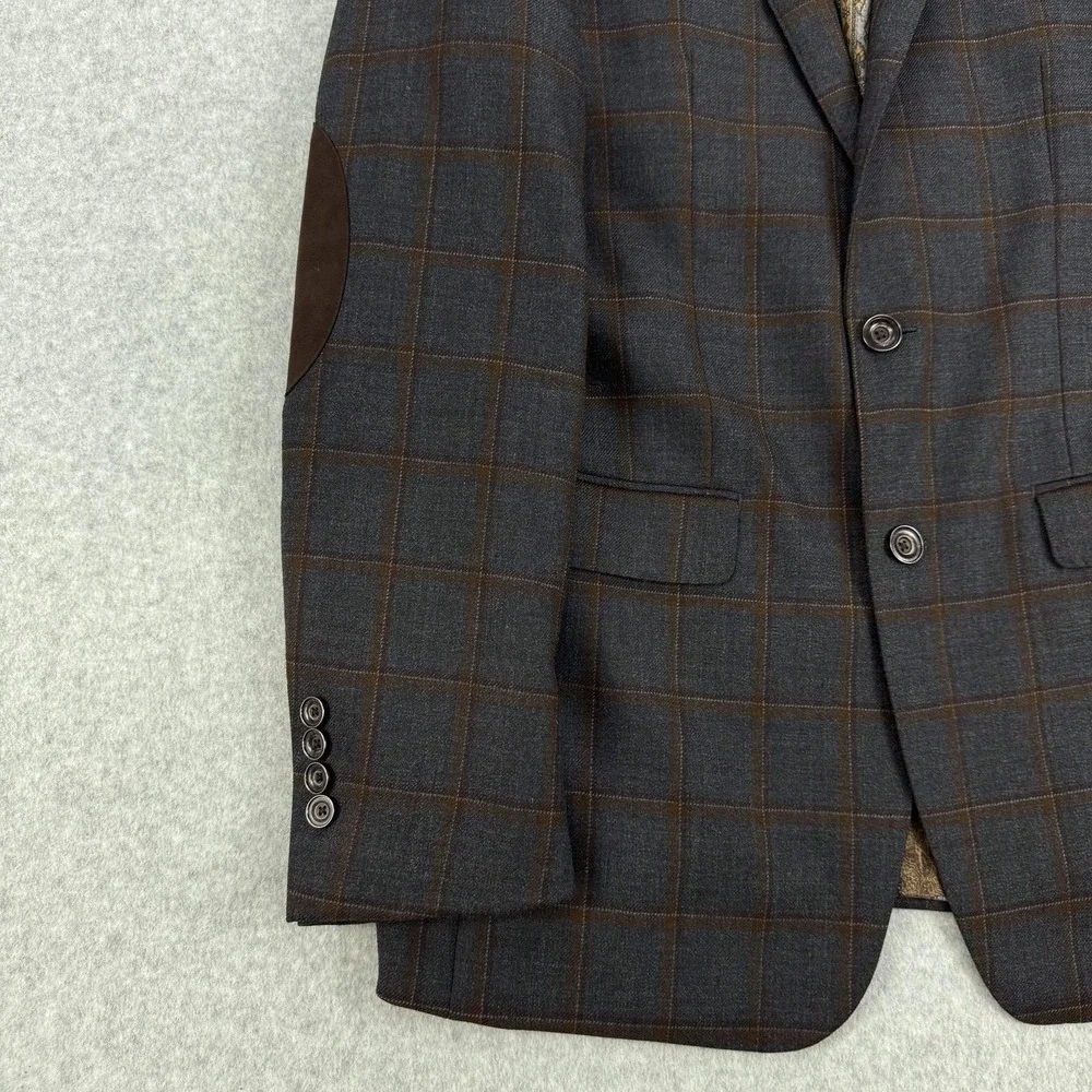Tallia Blazer Mens 40L Gray Plaid 100% Wool Elbow Patch Sport Coat Jacket Office